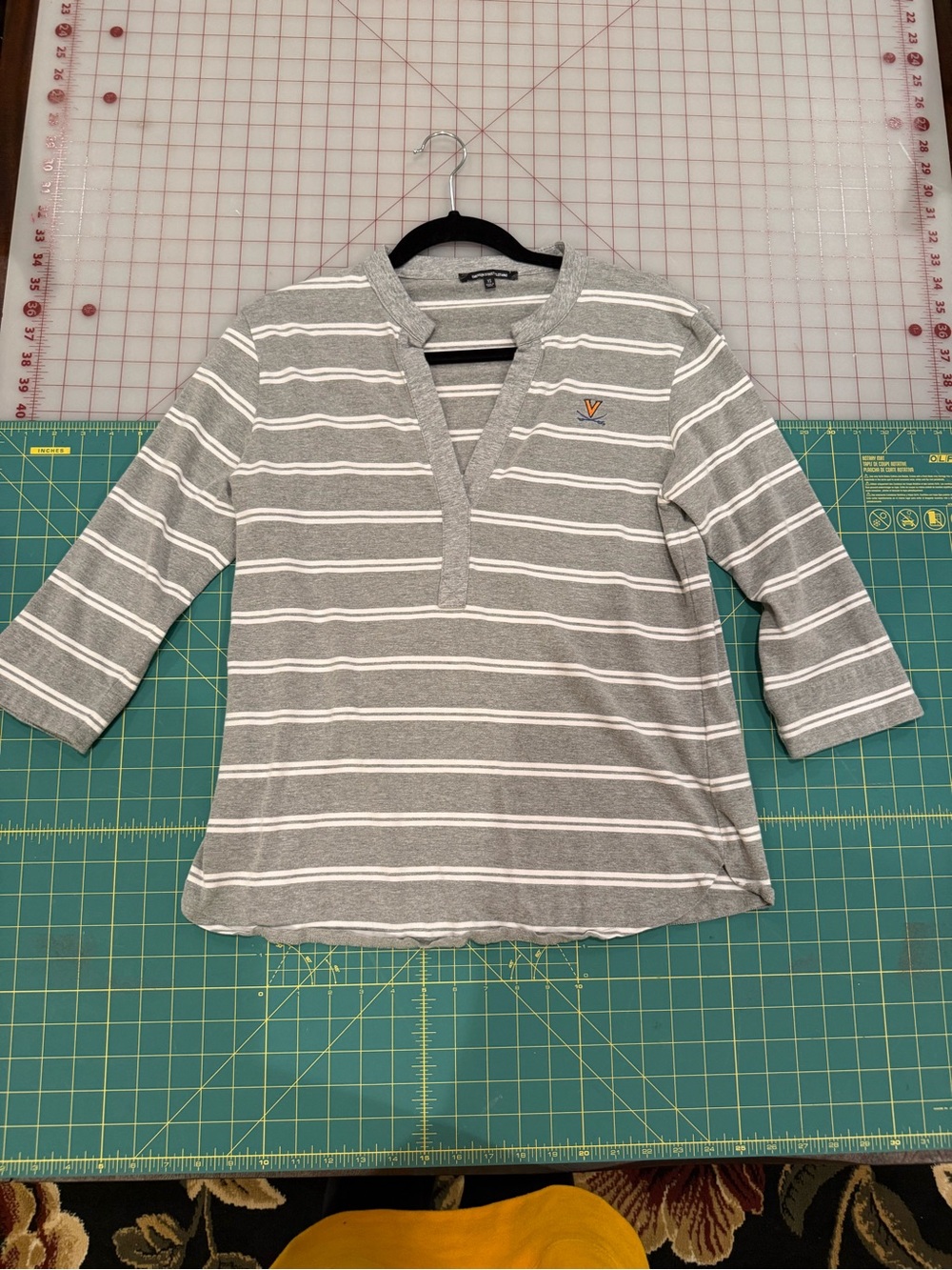 Women’s Gray Striped Henley Tee with V Logo